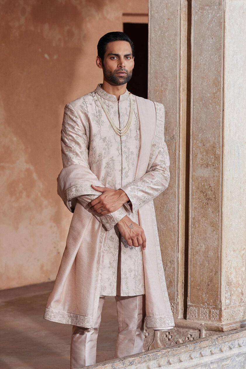 Ahmar Hand-embroidered Silk Sherwani - Salmon, Salmon, image 4